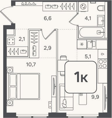 Планировка: 1-к, 41,4 м²