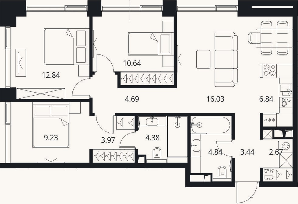 Планировка: 4+ к, 79,6 м²