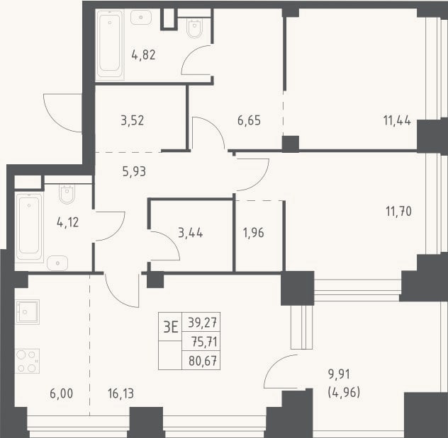 Планировка: 3-к, 75,7 м²