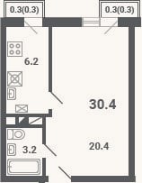 Планировка: 1-к, 29,8 м²