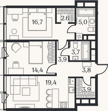 Планировка: 3-к, 73,4 м²