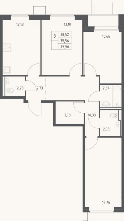 Планировка: 3-к, 75,6 м²