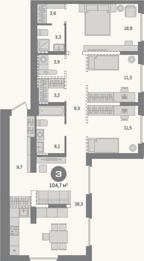 Планировка: 3-к, 104,7 м²
