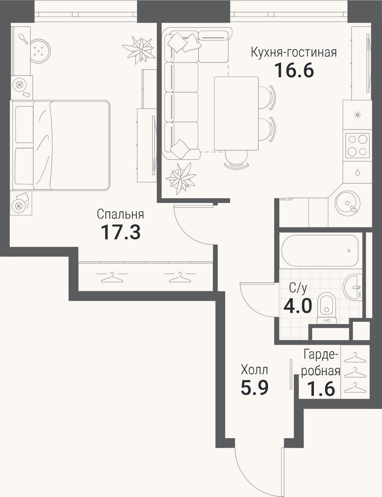 Планировка: 2-к, 46,1 м²
