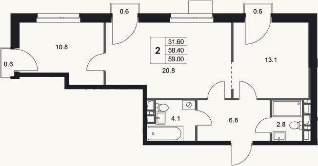 Планировка: 2-к, 58,4 м²