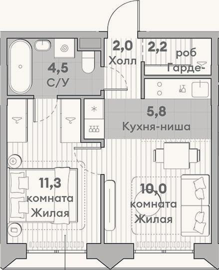 Планировка: 2-к, 35,8 м²