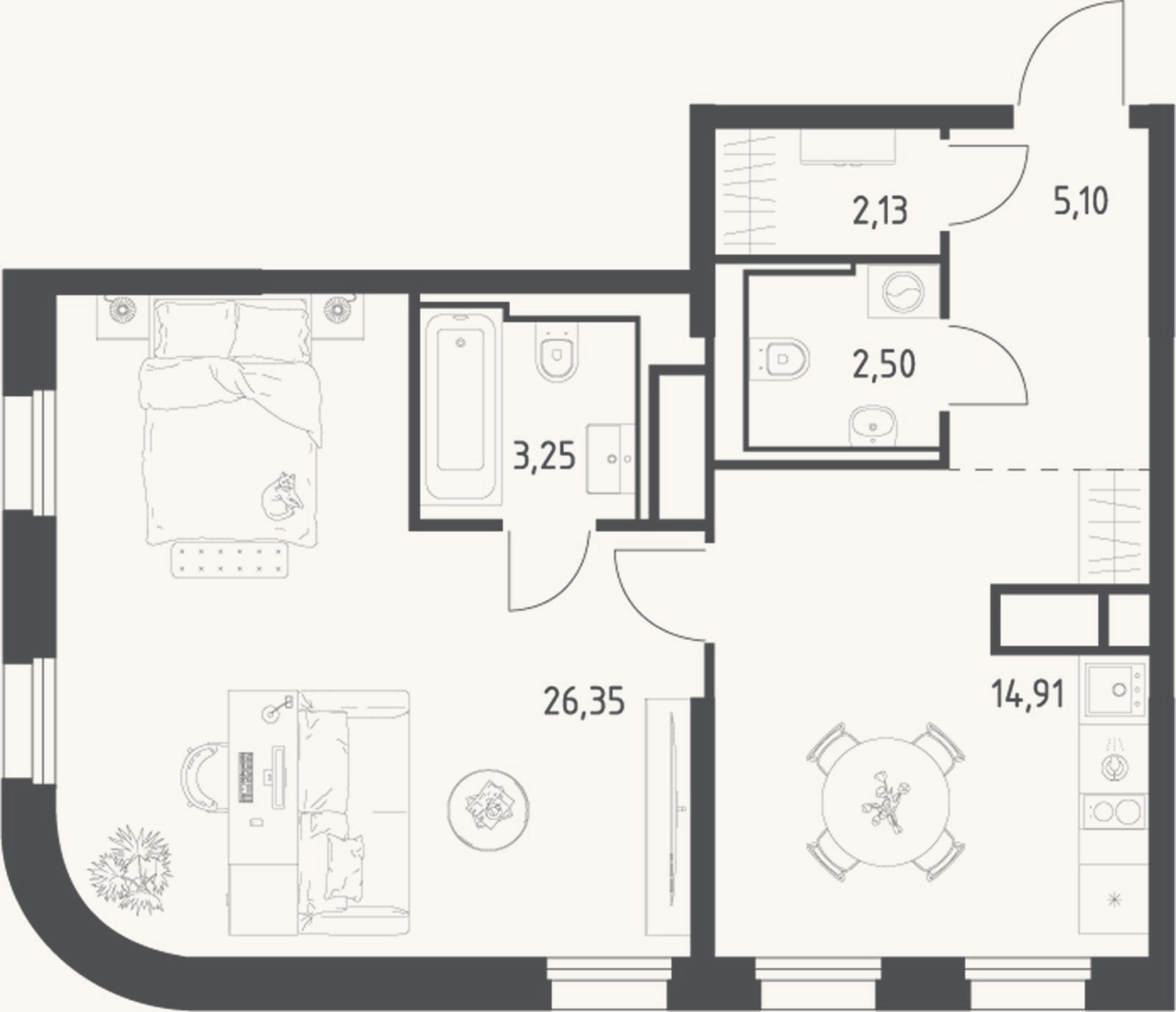 Планировка: 1-к, 54,2 м²