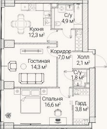 Планировка: 2-к, 62,5 м²