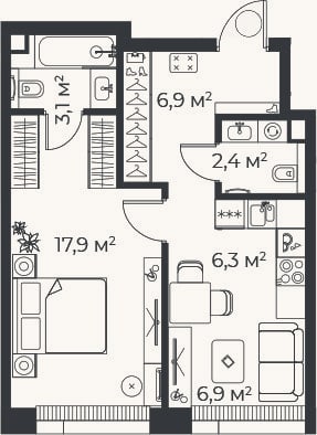 Планировка: 2-к, 43,4 м²