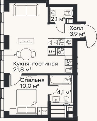 Планировка: 2-к, 41,9 м²