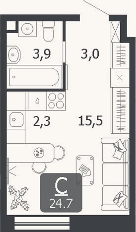 Планировка: Студия, 24,7 м²
