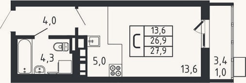 Планировка: Студия, 26,9 м²