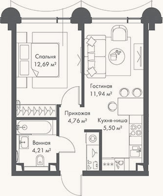 Планировка: 2-к, 39,1 м²