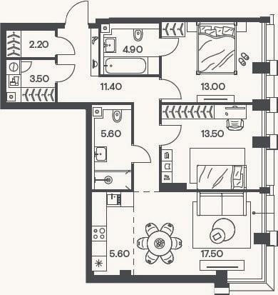 Планировка: 3-к, 77,2 м²