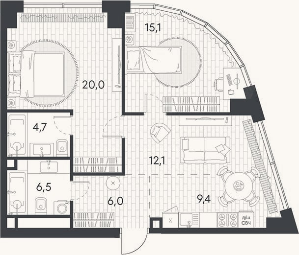 Планировка: 3-к, 73,8 м²