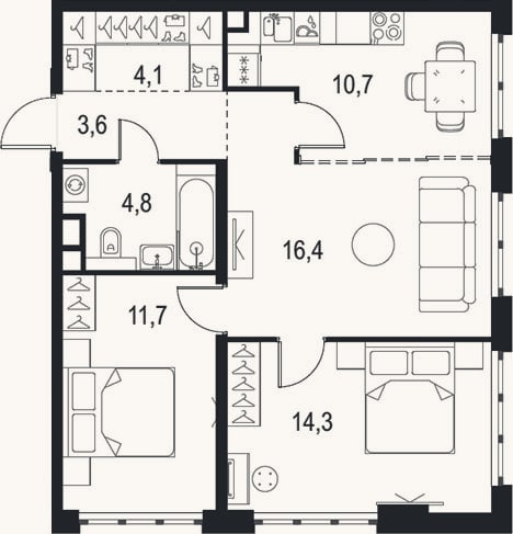 Планировка: 3-к, 65,6 м²