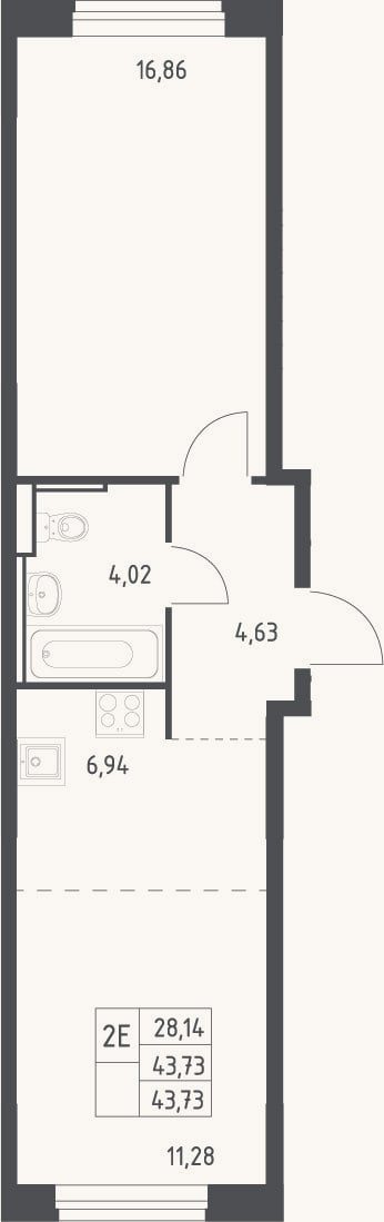 Планировка: 2-к, 43,7 м²