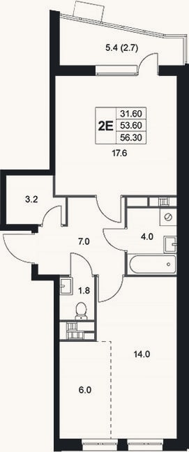 Планировка: 2-к, 53,6 м²