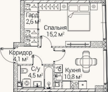 Планировка: 1-к, 37,1 м²