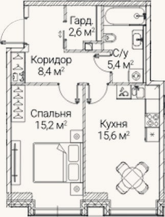 Планировка: 1-к, 47,2 м²