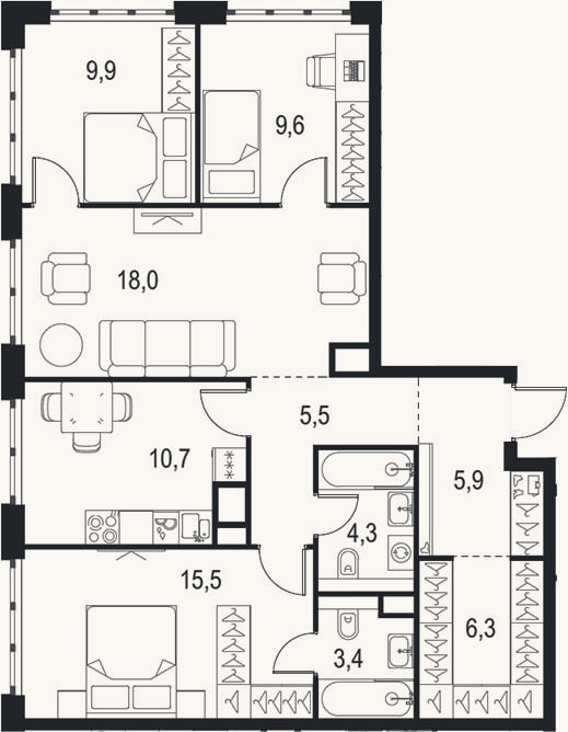 Планировка: 4+ к, 89,1 м²