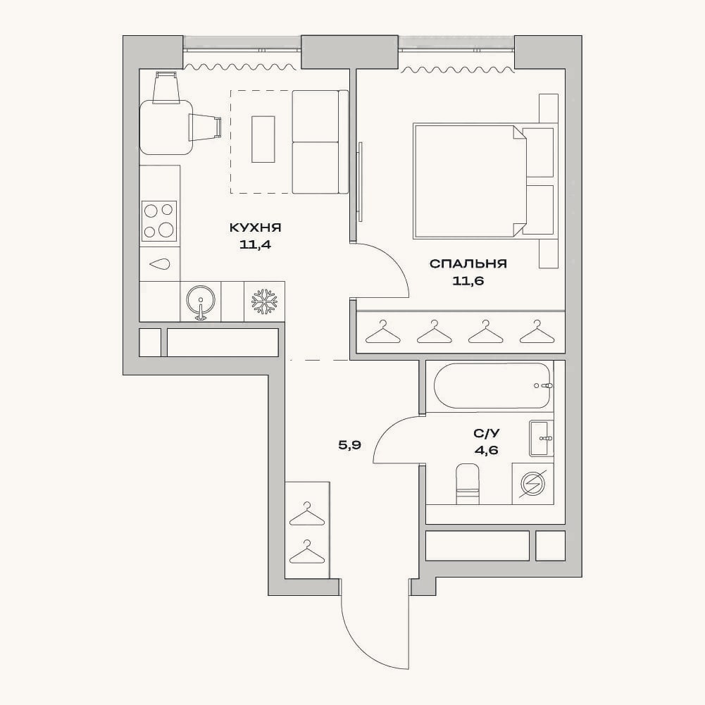 Планировка: 1-к, 33,5 м²