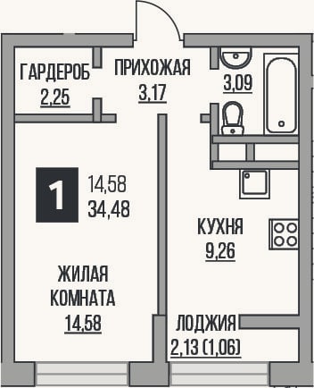 Планировка: 1-к, 32,4 м²