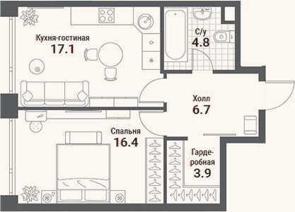 Планировка: 2-к, 48,9 м²