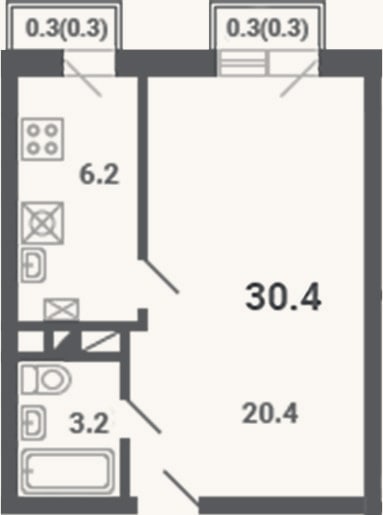 Планировка: 1-к, 29,8 м²