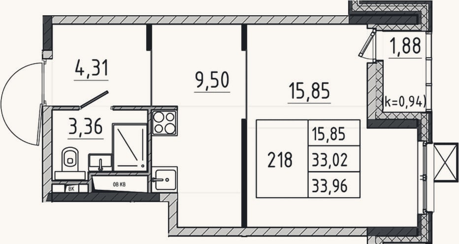 Планировка: Студия, 33 м²