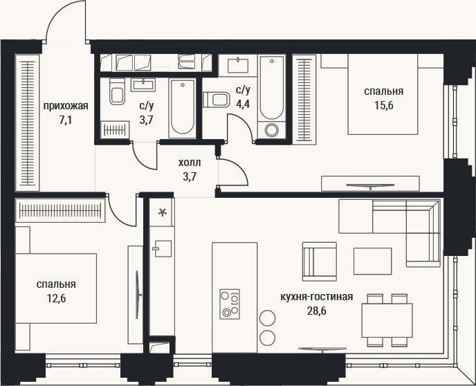 Планировка: 3-к, 75,7 м²