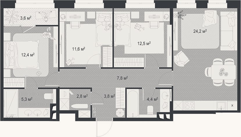 Планировка: 4+ к, 84,8 м²