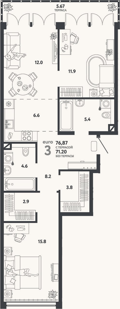 Планировка: 3-к, 71,2 м²