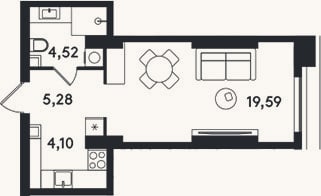 Планировка: Студия, 33,5 м²