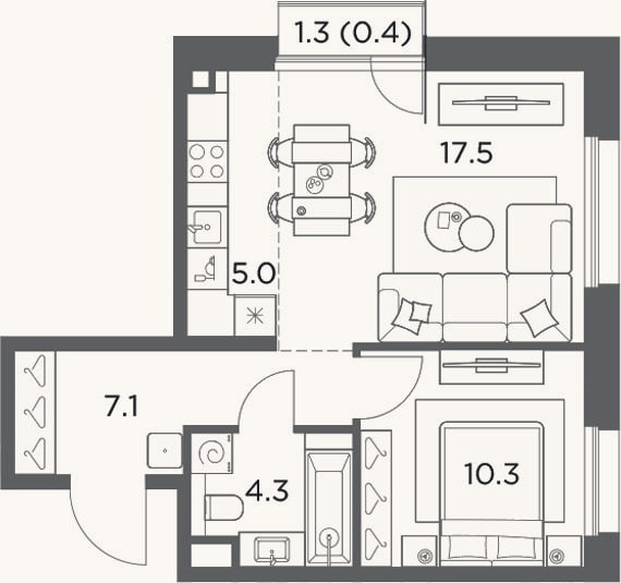 Планировка: 2-к, 44,2 м²