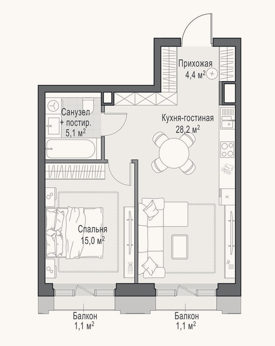 Планировка: 2-к, 52,3 м²