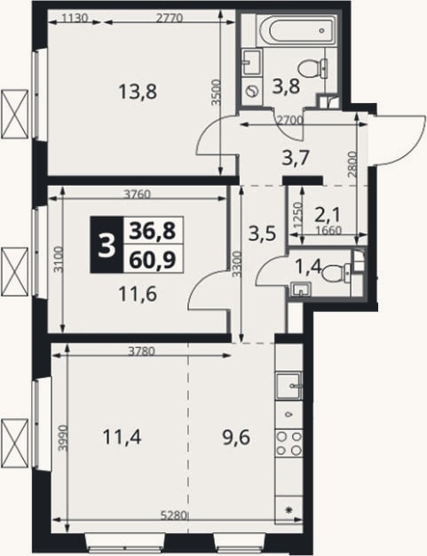 Планировка: 3-к, 60,9 м²