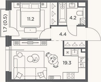 Планировка: 1-к, 39,1 м²