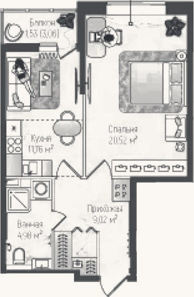 Планировка: 1-к, 46,3 м²