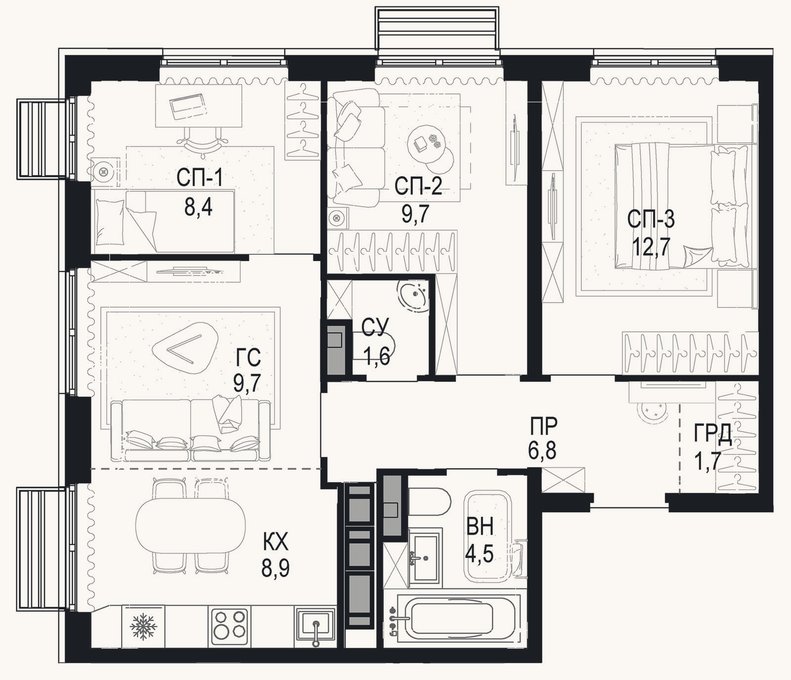 Планировка: 4+ к, 64 м²