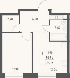 Планировка: 1-к, 36,3 м²