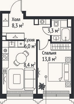 Планировка: 2-к, 39,8 м²
