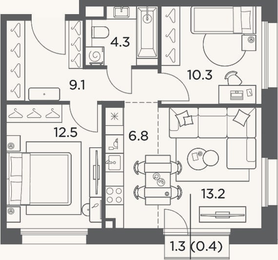 Планировка: 3-к, 56,2 м²