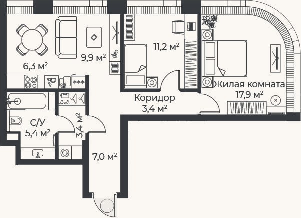 Планировка: 3-к, 64,4 м²