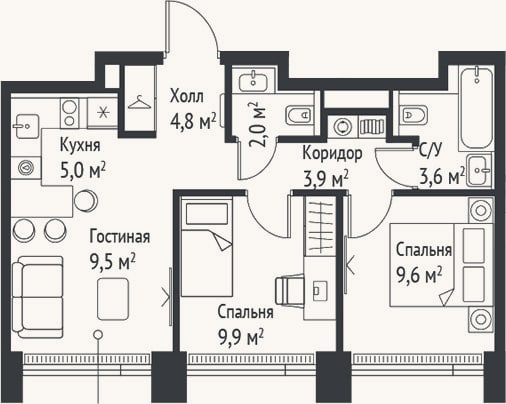Планировка: 3-к, 48,2 м²