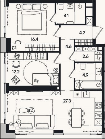 Планировка: 3-к, 76,3 м²