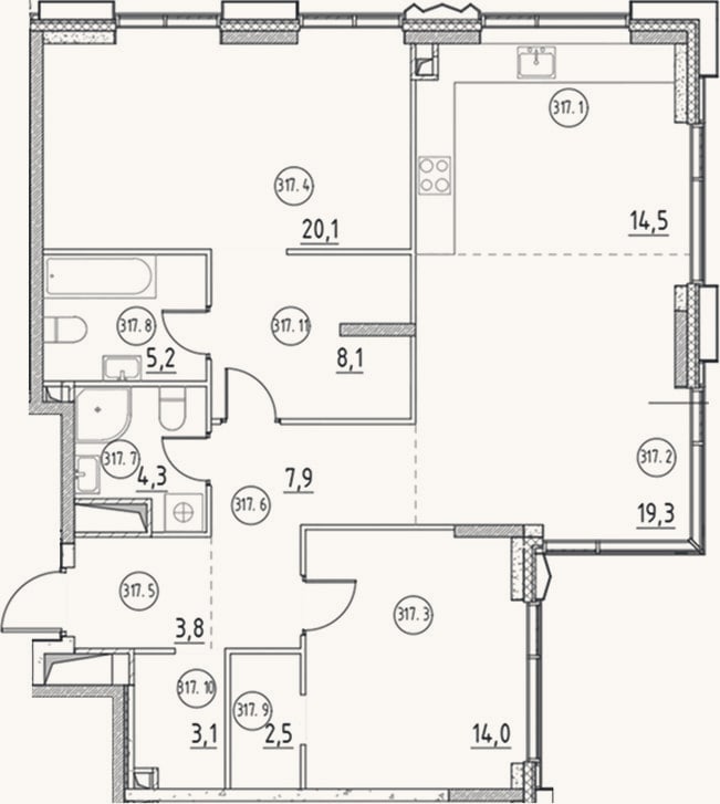 Планировка: 3-к, 102,8 м²