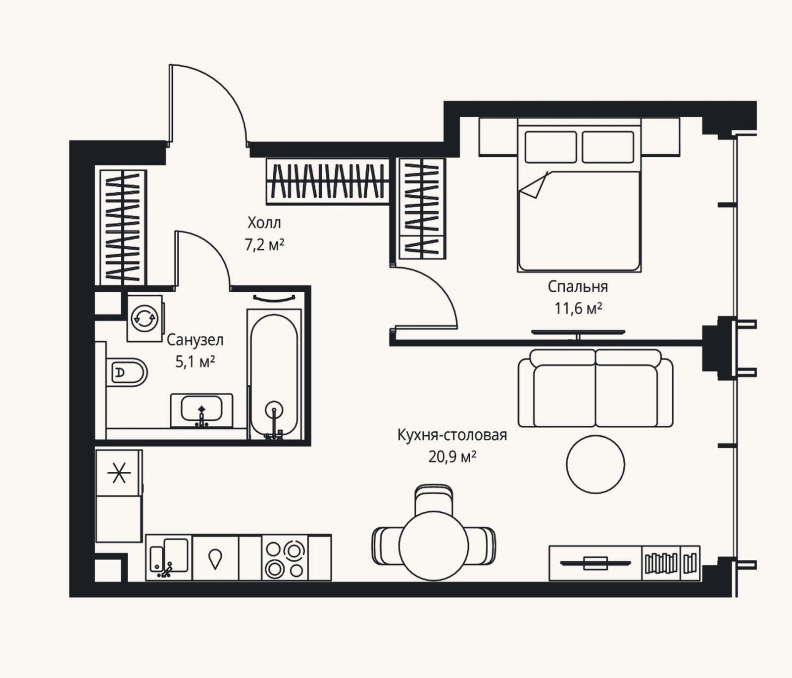 Планировка: 2-к, 44,8 м²