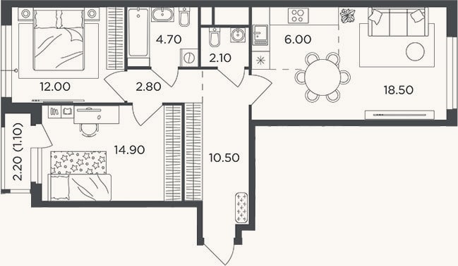 Планировка: 3-к, 71,5 м²