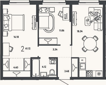 Планировка: 2-к, 61,1 м²